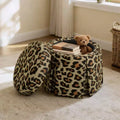 Bekrvio Round Storage Ottoman with Leopard Print Upholstery, Skirted Accent Footrest with Solid Acacia Wood Frame (500 lbs) for Living Room
