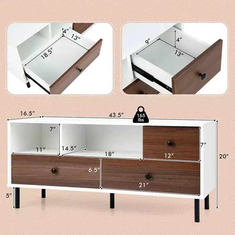 Costway Mid-Century TV Stand Media Entertainment Center Console w/2 Cubbies & 3 Drawers