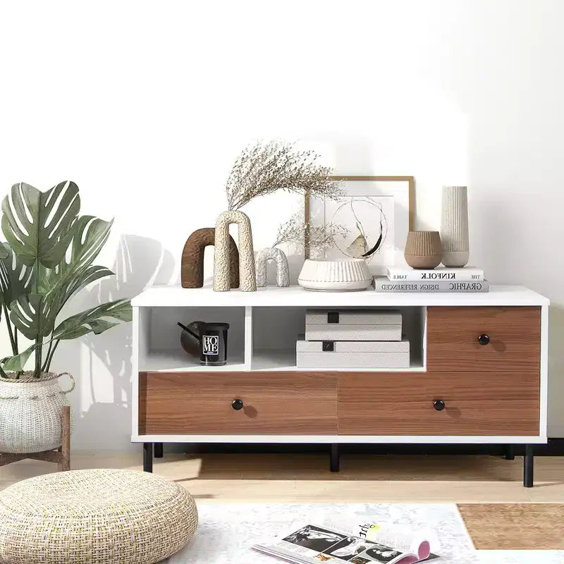 Costway Mid-Century TV Stand Media Entertainment Center Console w/2 Cubbies & 3 Drawers