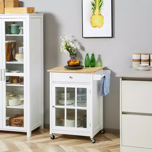 HOMCOM 27 Rolling Kitchen Island Cart with Drawer and Glass Door Cabinet, Kitchen Trolley with Adjustable Shelf and Towel Rack, White
